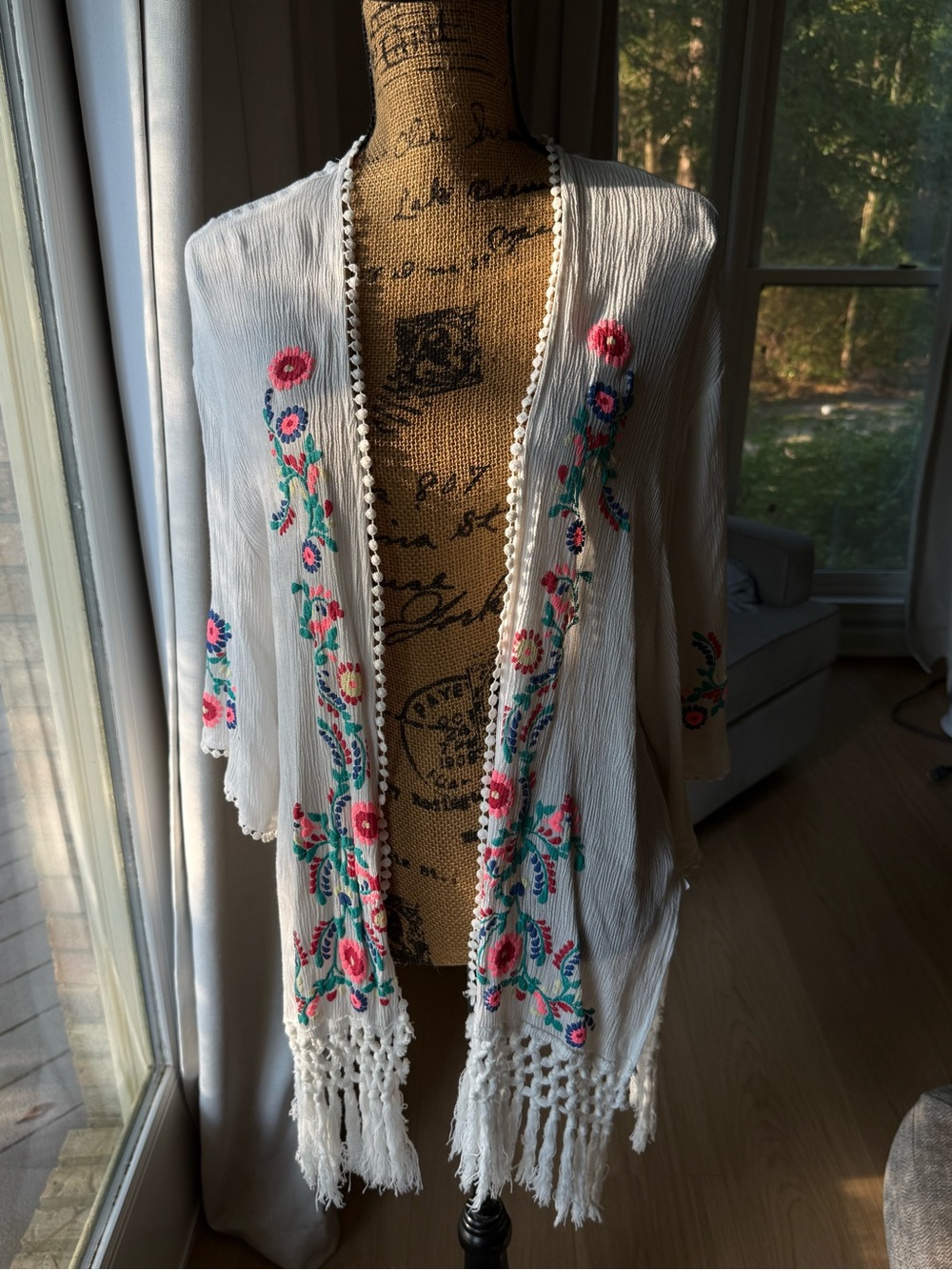 Jolt White Embroidered Fringe Kimono with Pink & Teal Floral Accents